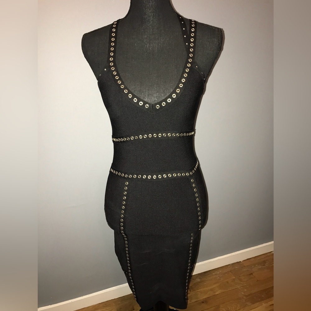 BeBe Black Studded Crisscross Bodycon Mini Dress